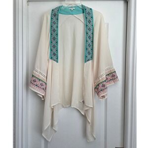 Apeach‎ Cream Aztek Embroidered Kimono Open Front Cardigan Wrap Sz M Lightweight
